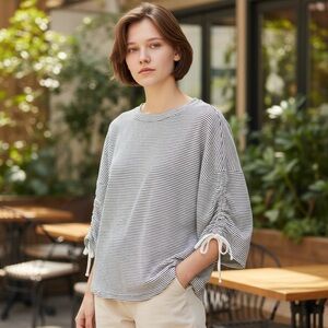 Max Studio Black and White Striped Top with cinch ties on sleeves